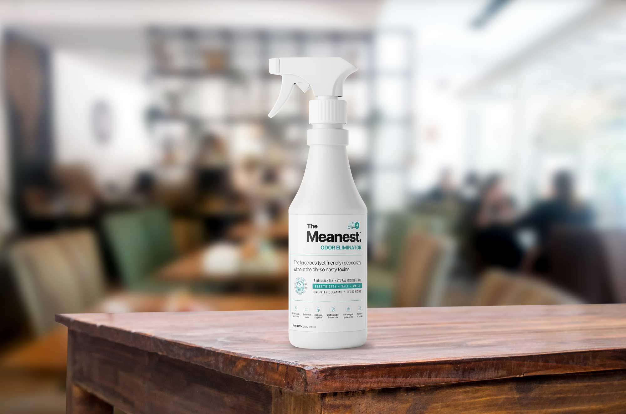 The Meanest odor product bottle on a table